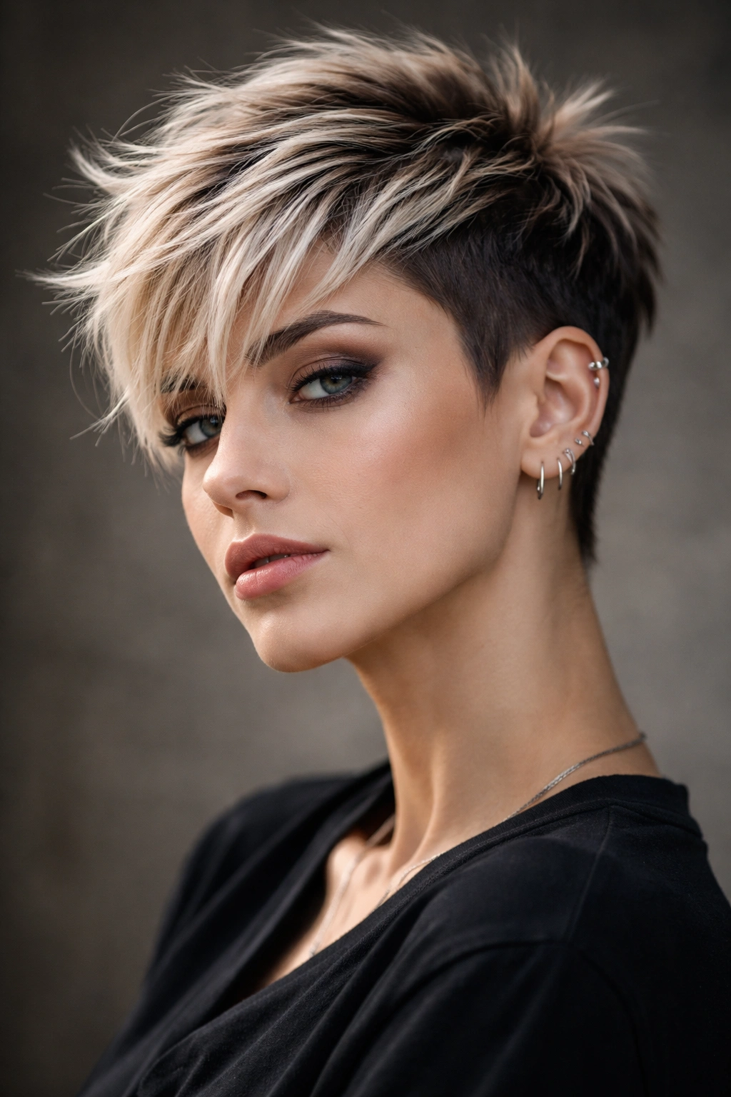 Pixie with frosted bleached highlights on crown and textured pieces