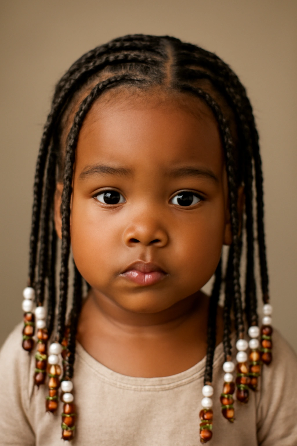 Close-up of toddler with Fulani braids including central thick braid and beaded strands