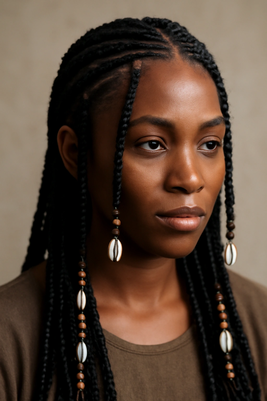 Close-up of Fulani braids with center vertical cornrows and decorative beads.