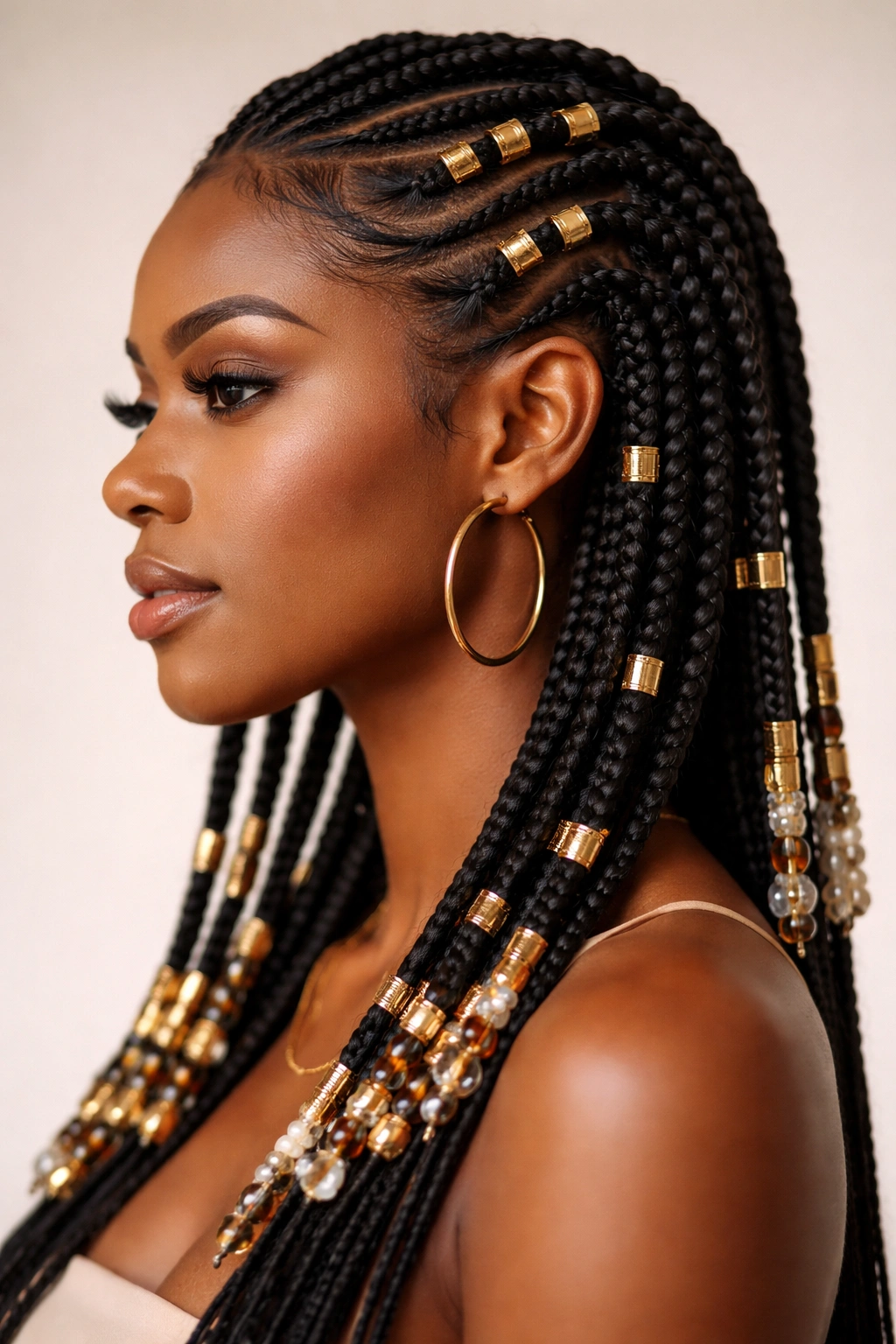Fulani braids with gold cuffs and beads
