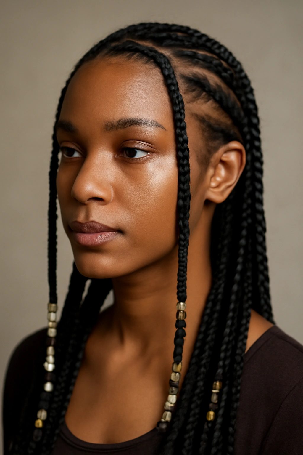 Close-up of Fulani braids framing the face with beaded cuffs