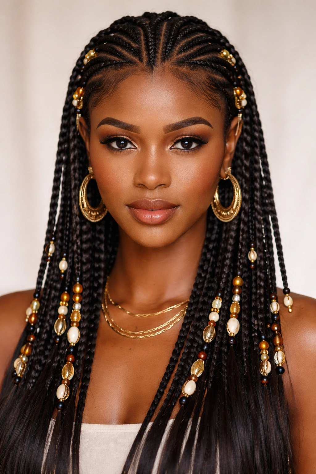 Fulani braids with central braid and symmetrical side braids with beads