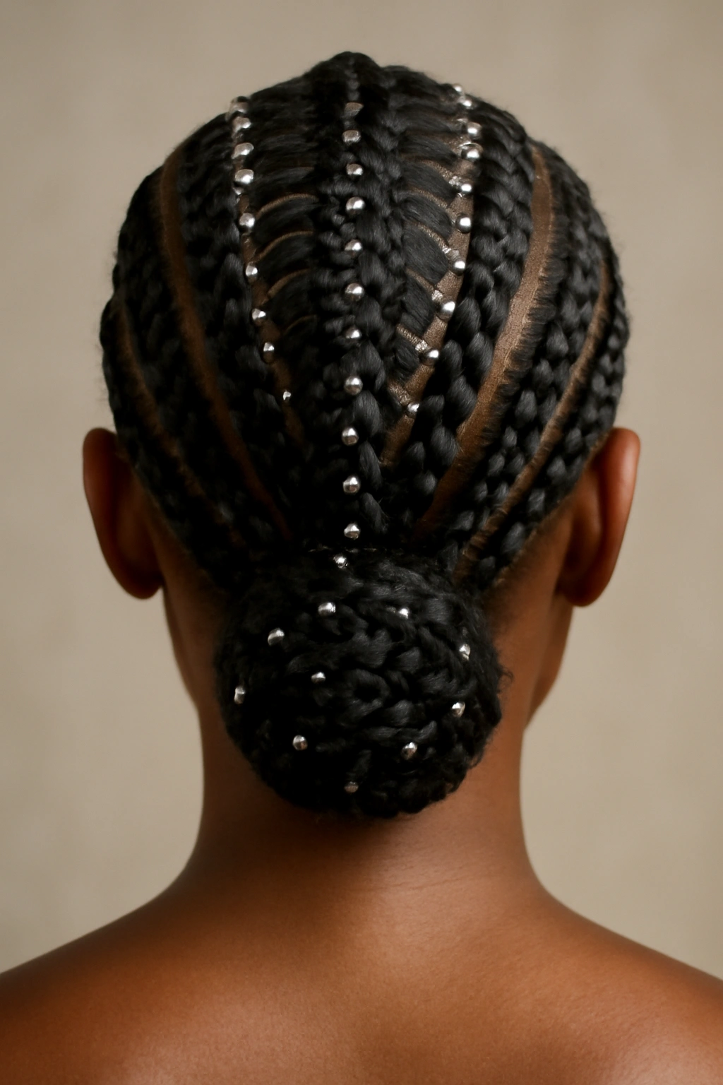 Fulani braids with crystal embellishments woven along the center into a low bun.