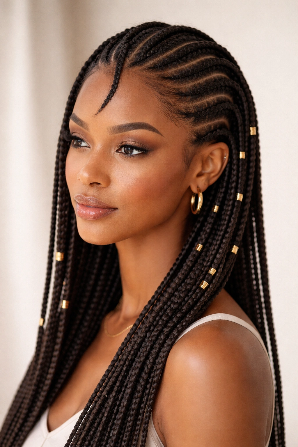 Close-up of Fulani braids with a curved center braid and gold cuffs