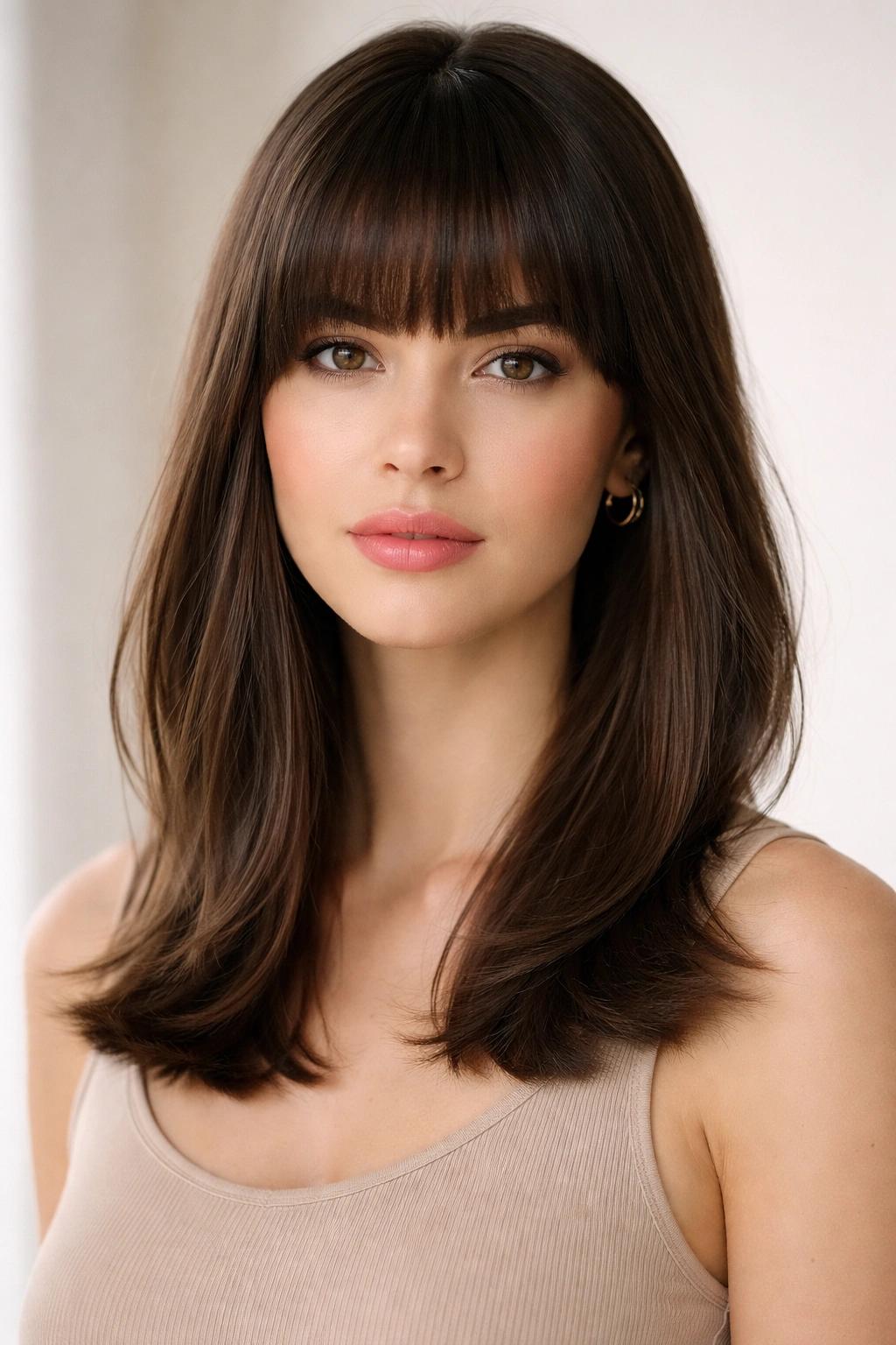 Blunt full bangs with shoulder-length haircut framing the forehead