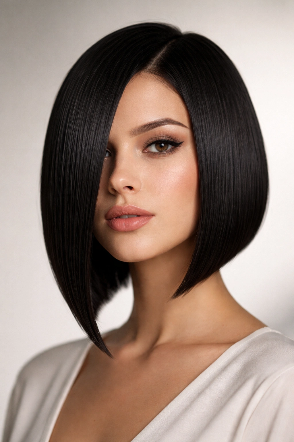 Frontal view of a sleek geometric angle bob with crisp blunt lines