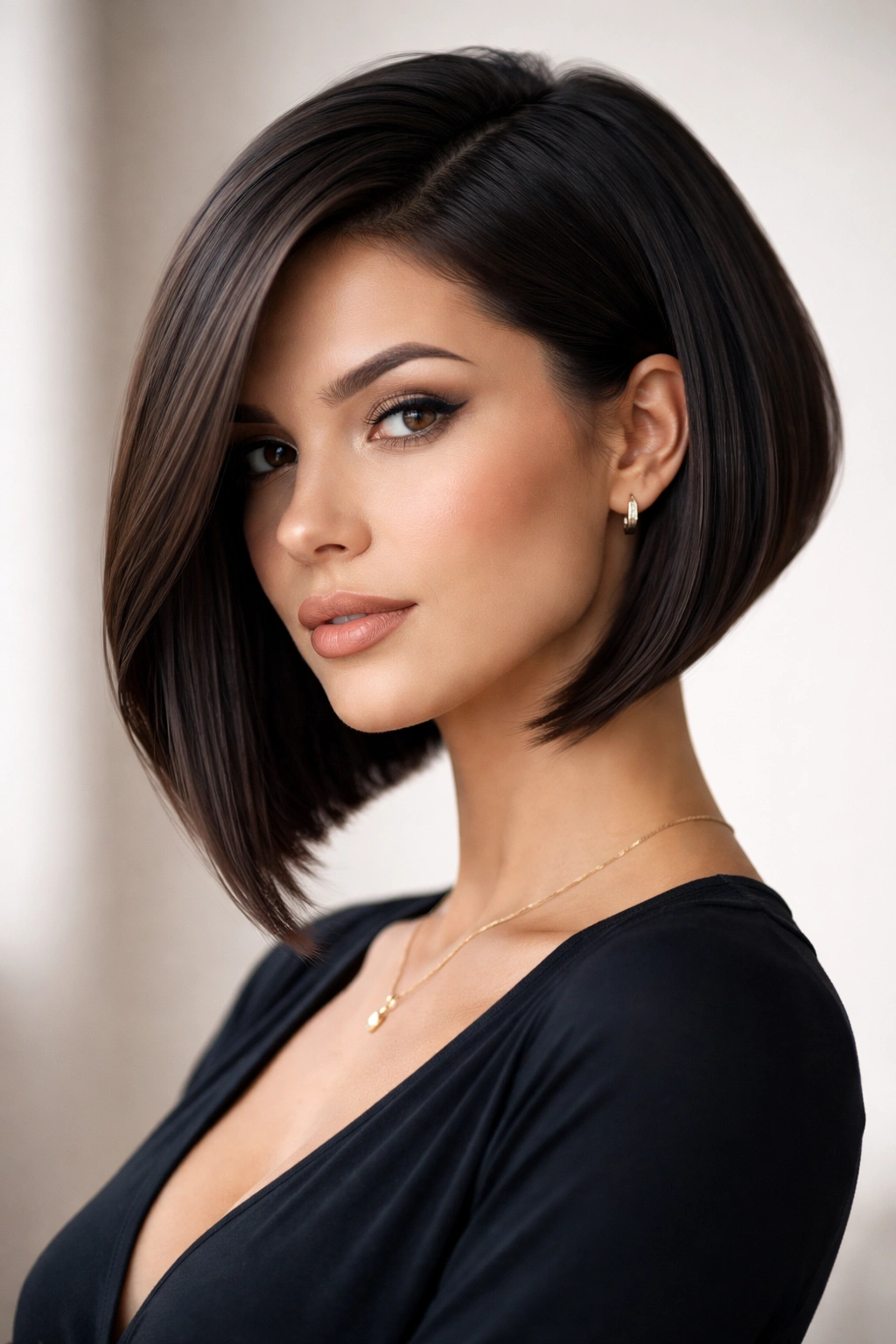 Head-and-shoulders portrait of a geometric angled bob with a sharp back and longer front.