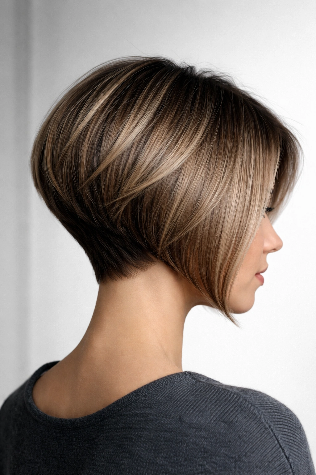 Portrait of a geometric angled stacked inverted bob with crisp edges and height.