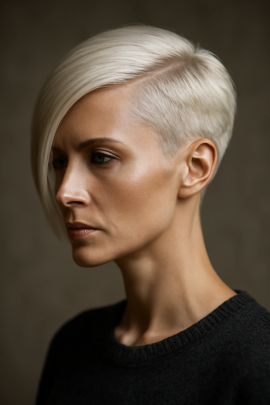 Geometric asymmetrical cut in platinum blonde with sculptural shape