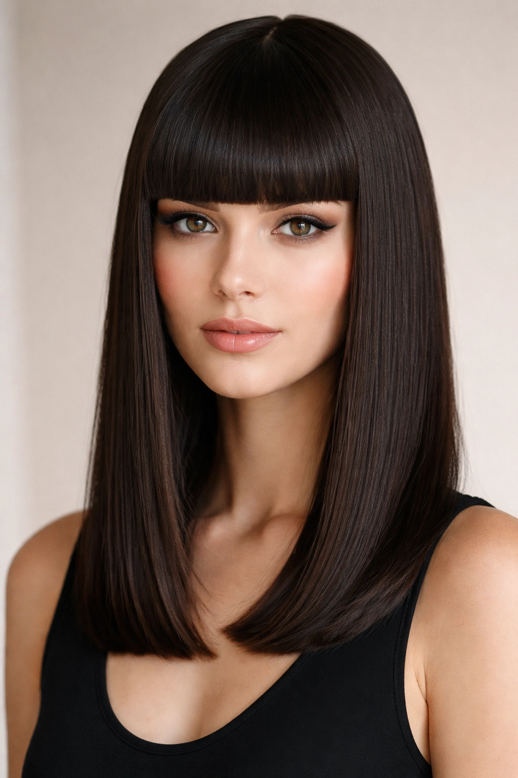 Sleek mid-length hair with geometric blunt bangs.