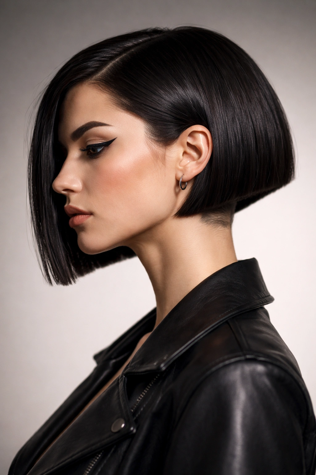 Head-on portrait of a model with a geometric blunt bob featuring sharp angles and an undercut.