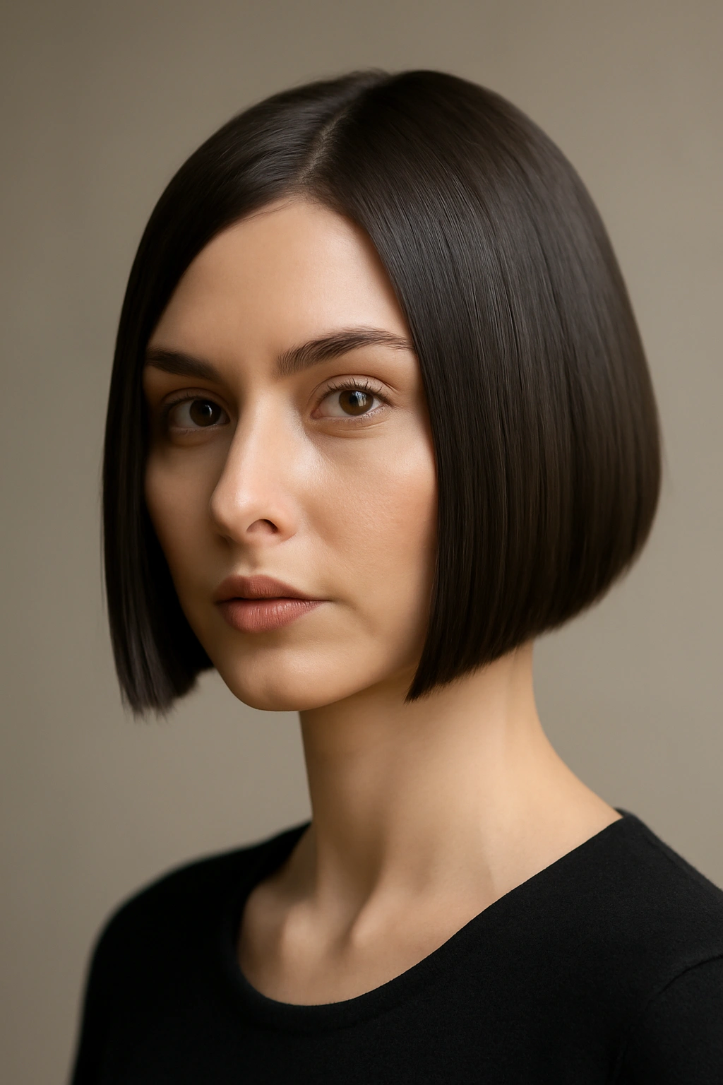 Model showcasing a geometric bob with sharp, precise lines