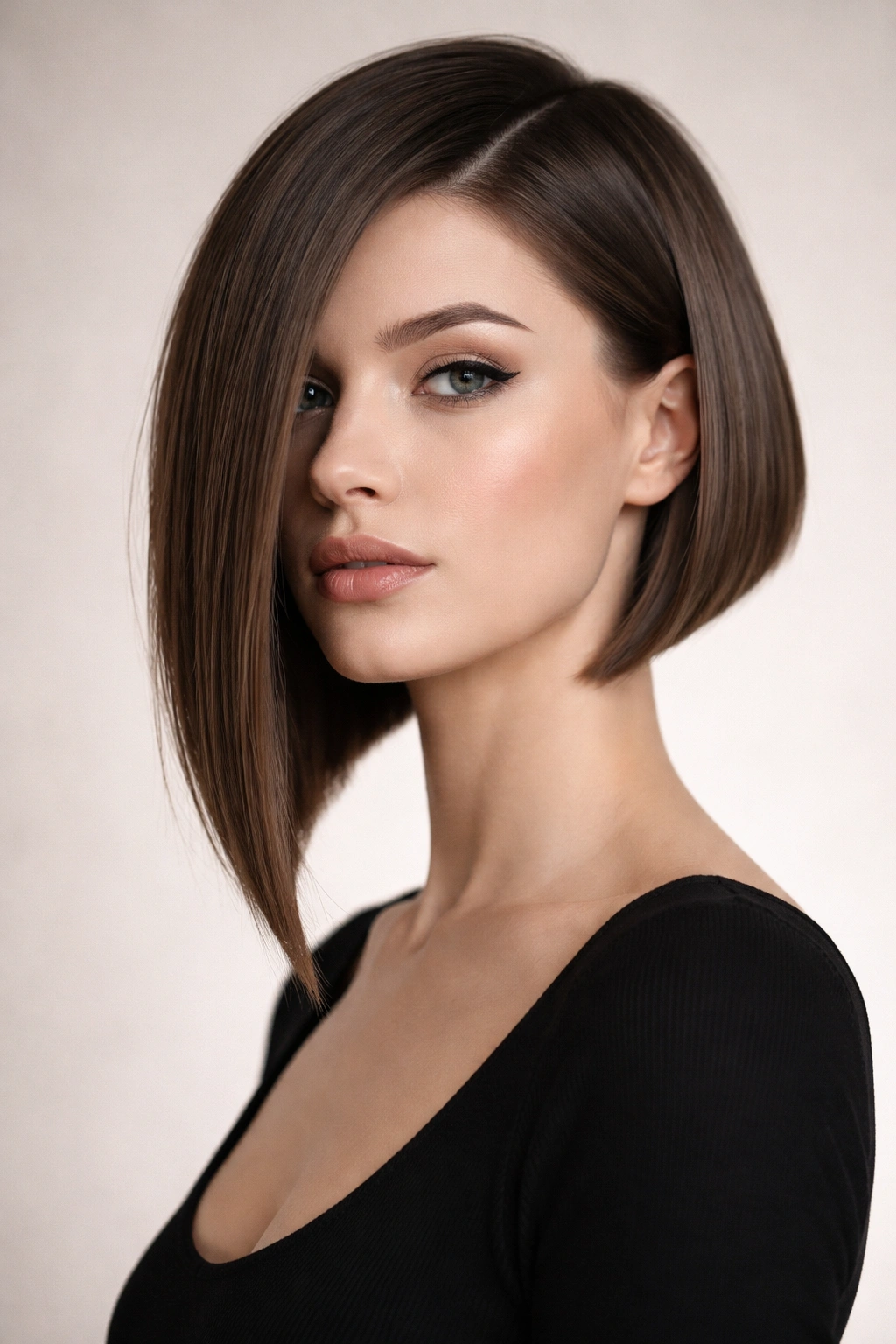 Close-up of a model with a sharp geometric bob showing dramatic asymmetry.