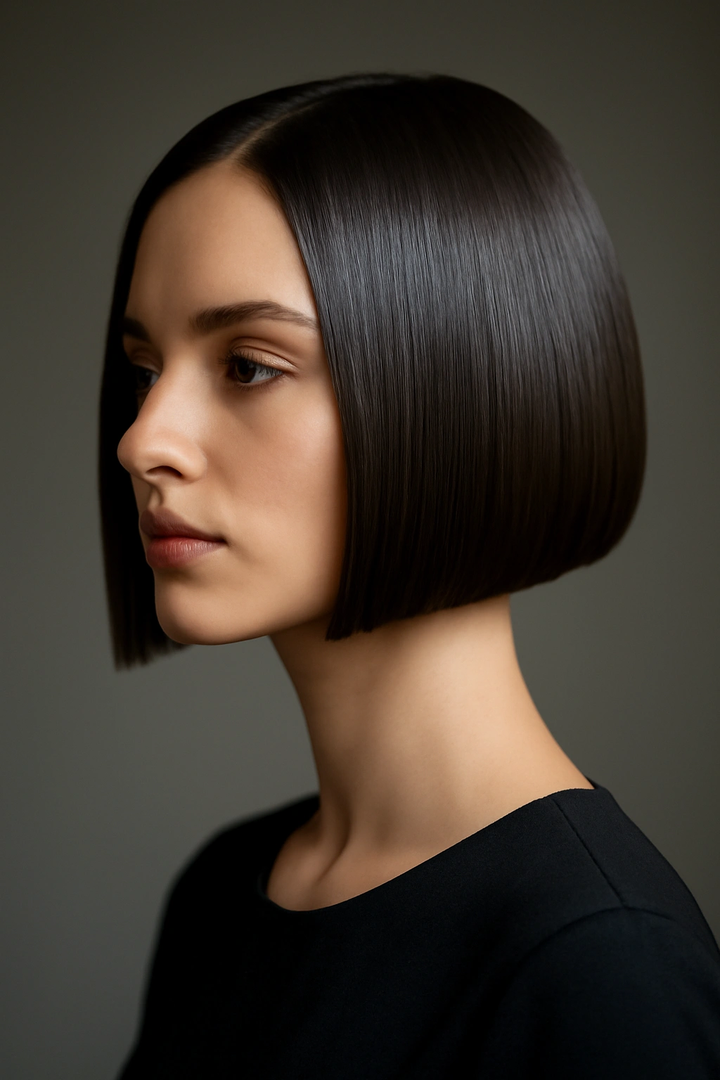 Portrait of a model with a sleek geometric bob featuring sharp angles