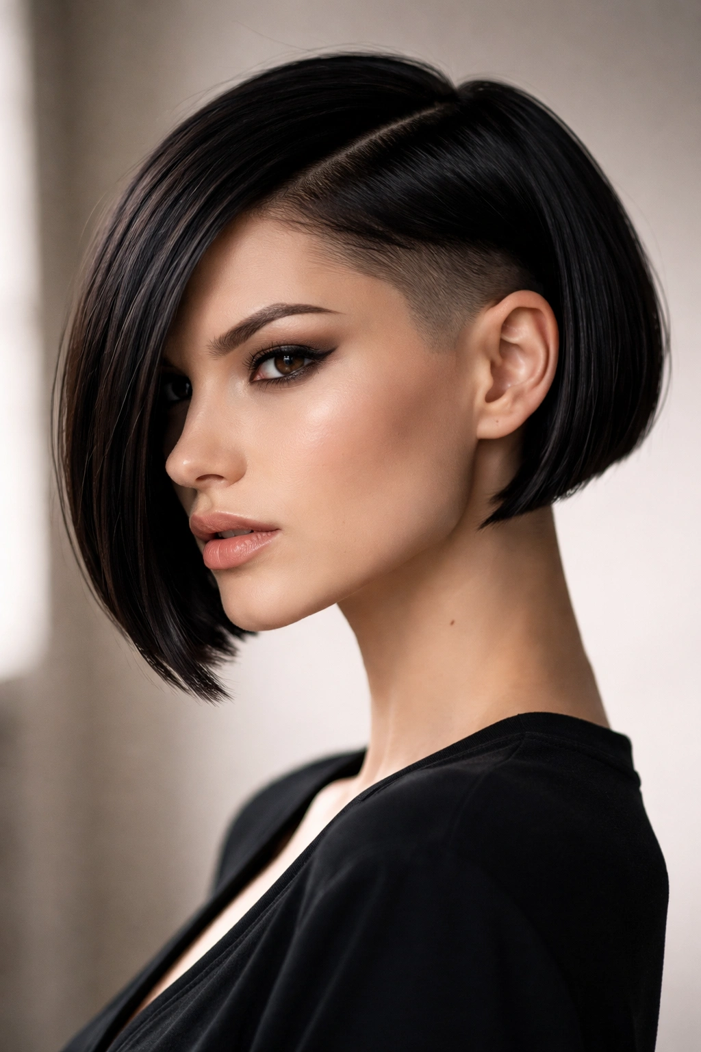 Portrait of a woman with a sleek geometric bob and undercut sides highlighting clean lines