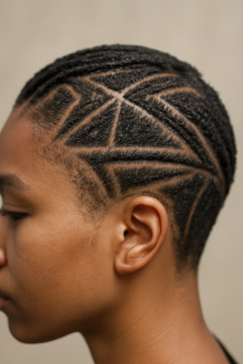 Geometric pattern of thin cornrows across the scalp on short hair