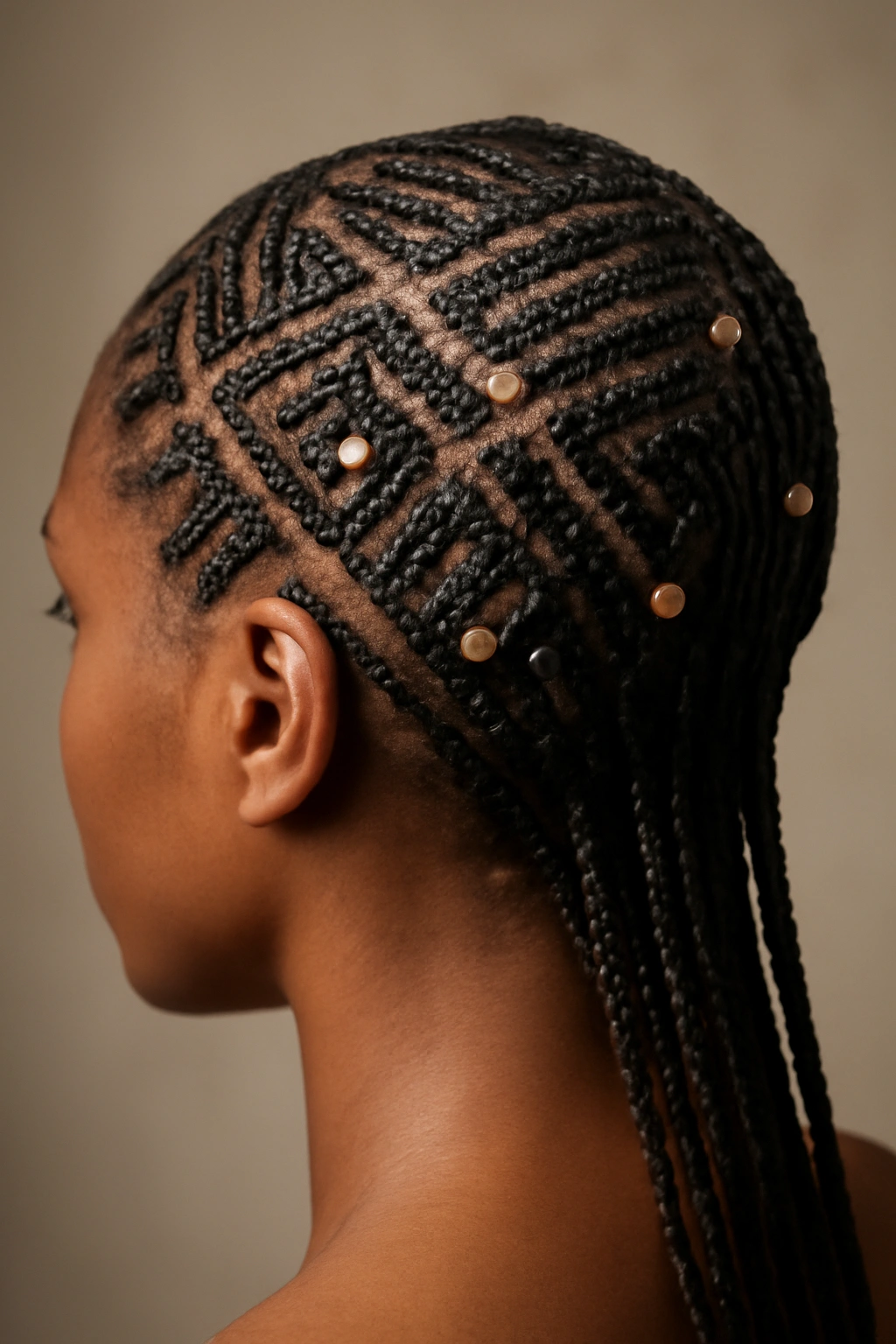 Geometric pattern of micro braids with bead accents on scalp.