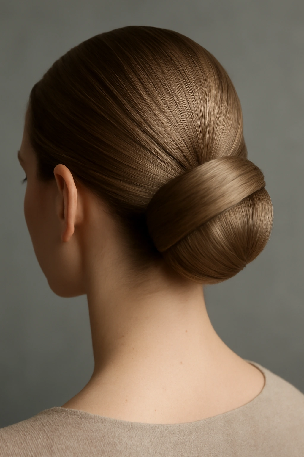 Sleek geometric bun on straight hair with architectural lines