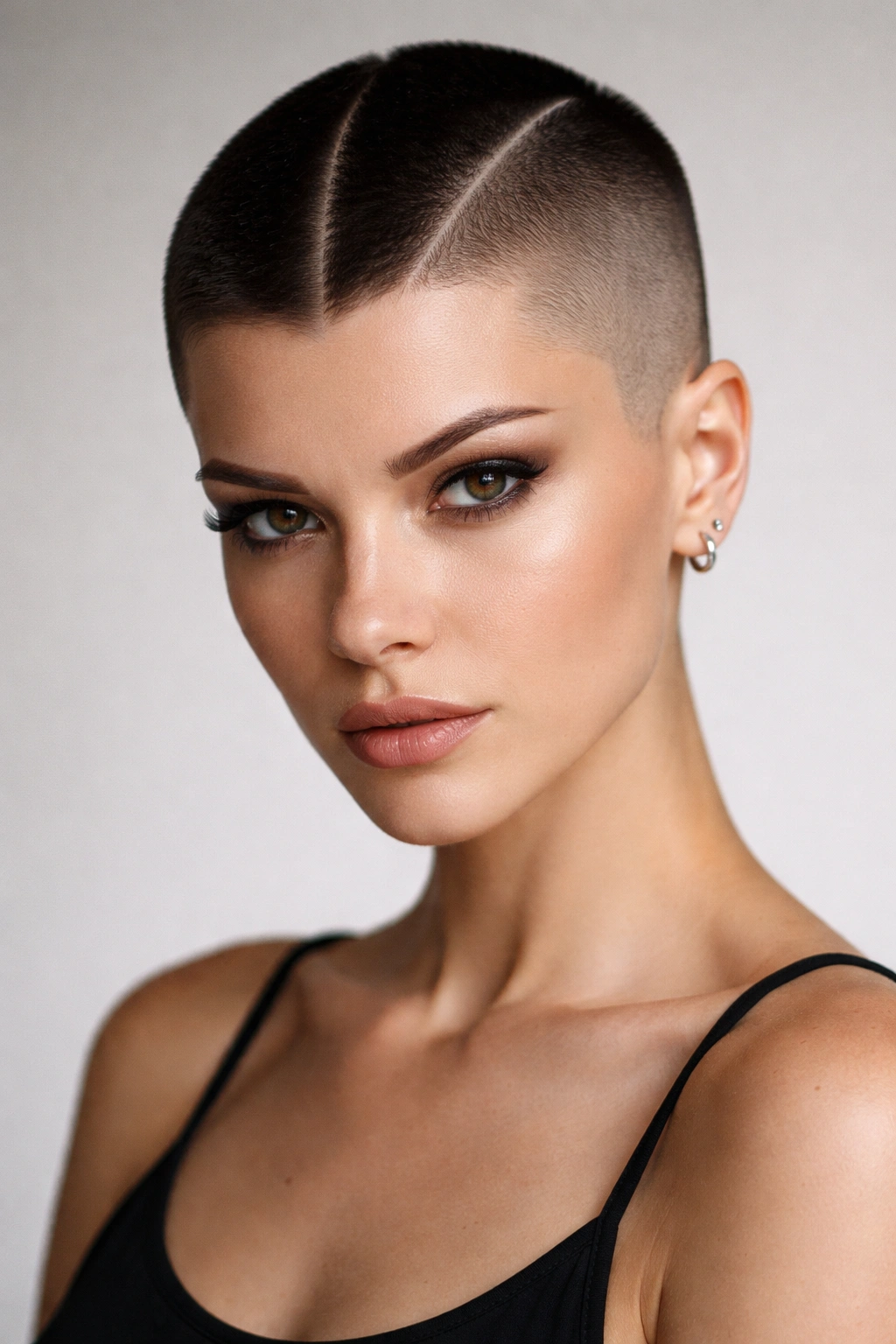 Portrait of a woman with a geometric buzz cut featuring a central longer stripe and shaved sides.