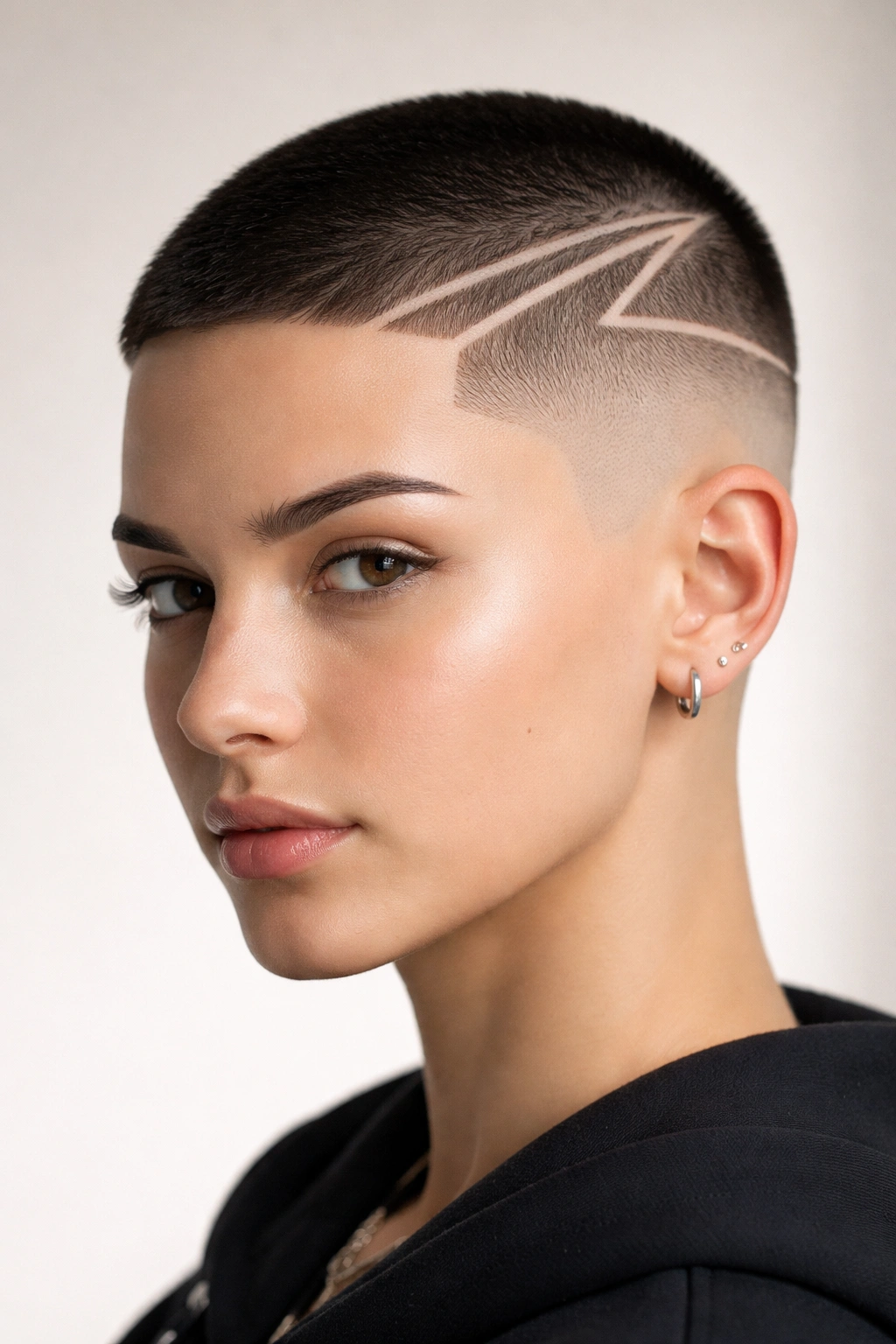 Close-up of straight-hair head with a precise geometric buzz cut fade showing scalp lines