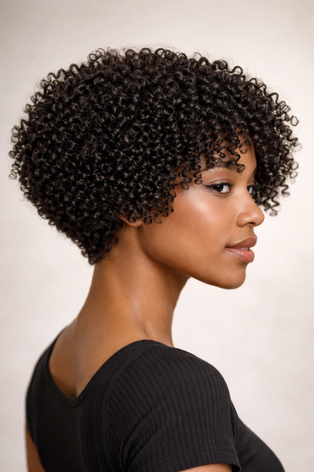 Portrait of Tightly Coiled Geometric Bob with crisp silhouette