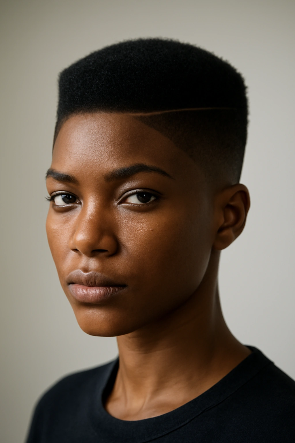 Geometric cut hairstyle with sharp lines and angles