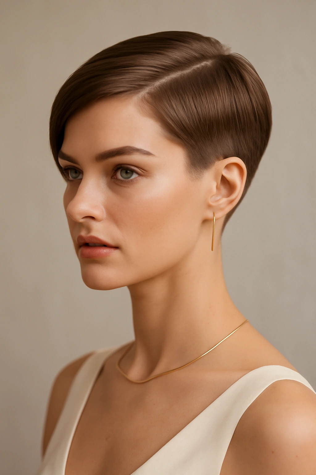 Geometric short cut with minimalist jewelry and clean styling
