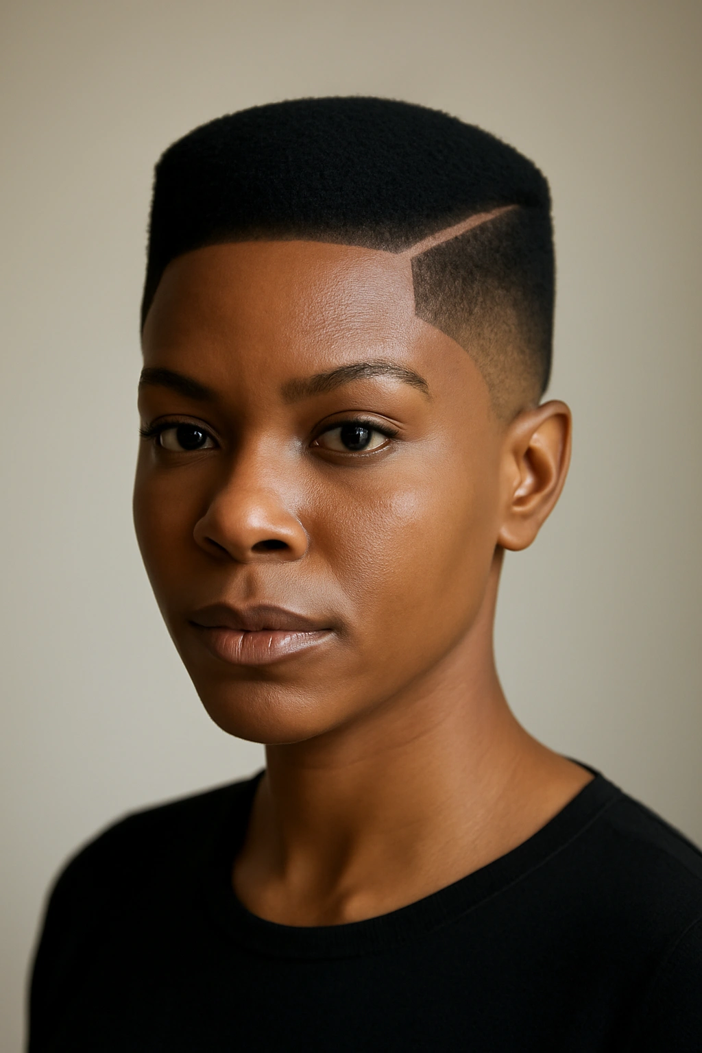 Frontal view of The Geometric Cut with sharp angles on short hair