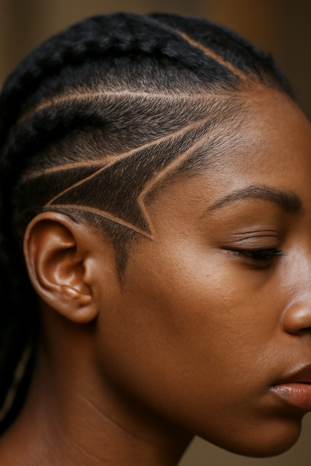 Close-up of geometric edge line designs along hairline
