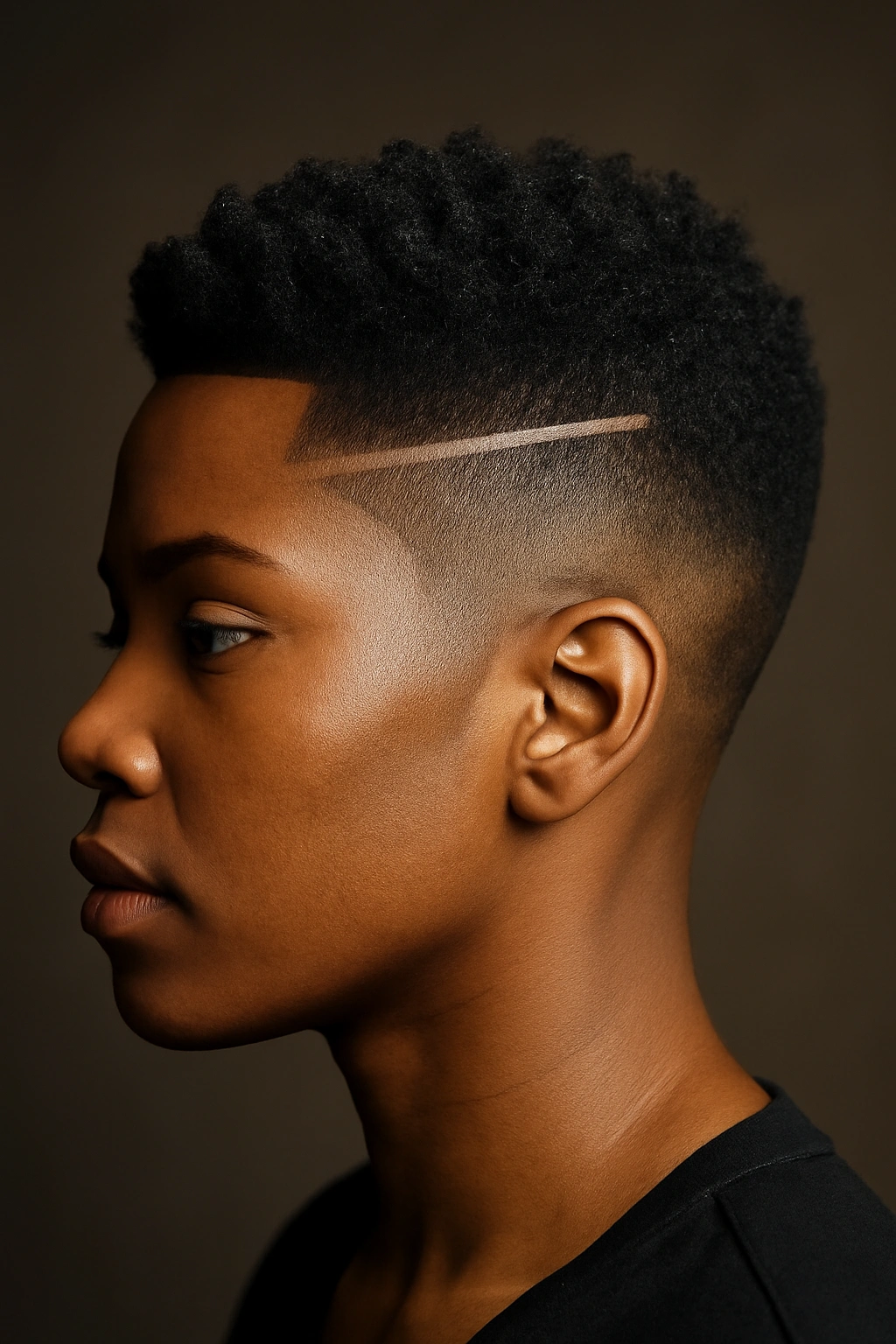 Profile of a Black woman with a geometric fade and longer crown.