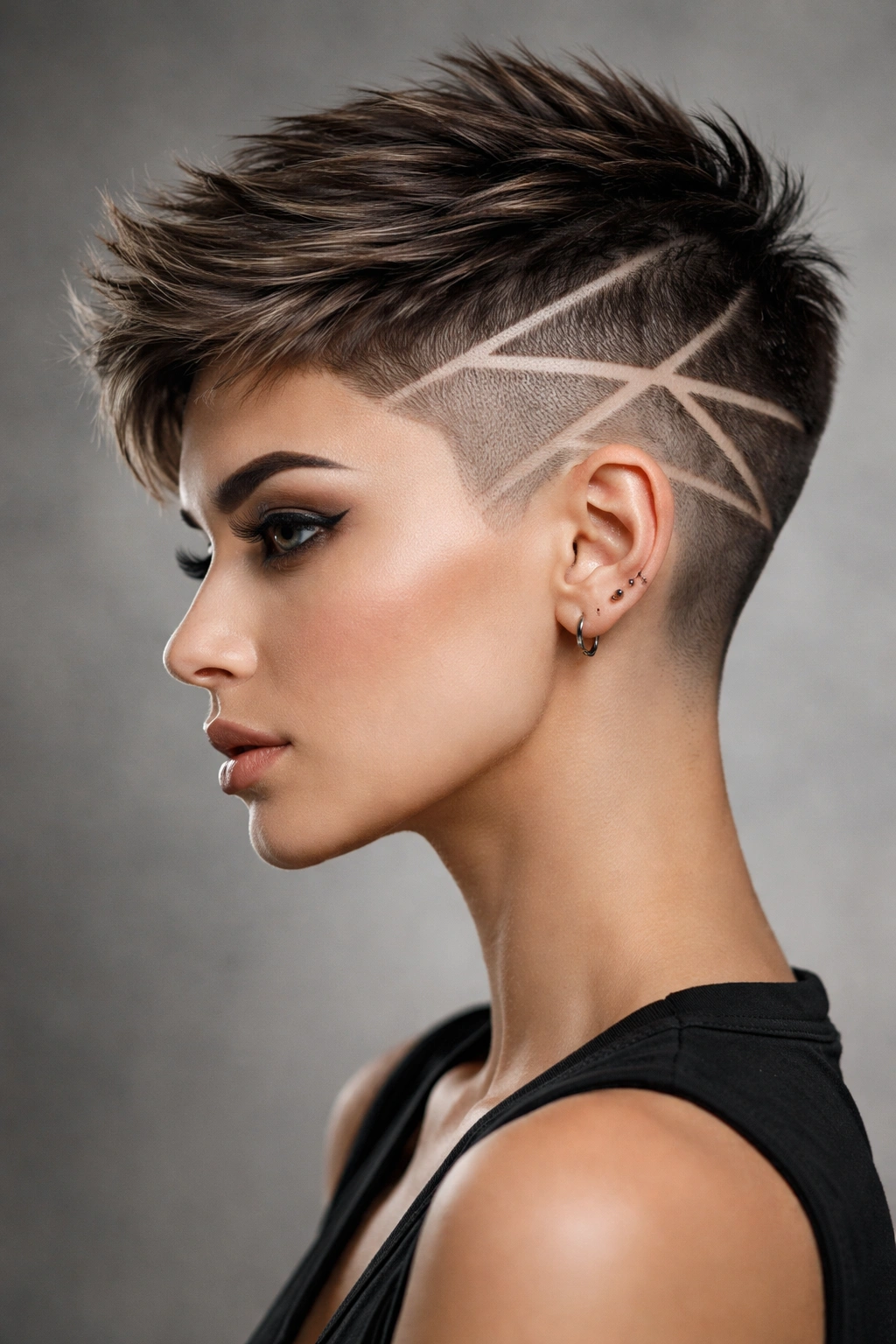 Pixie cut with geometric fade angles in studio lighting