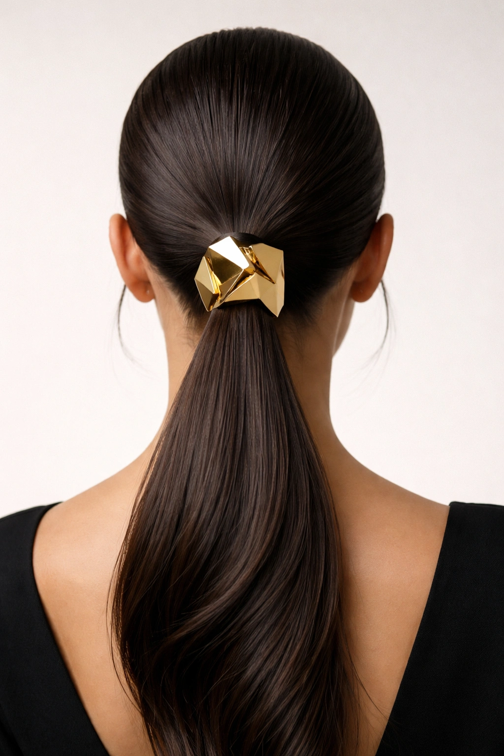 Slicked ponytail with geometric clip accessory