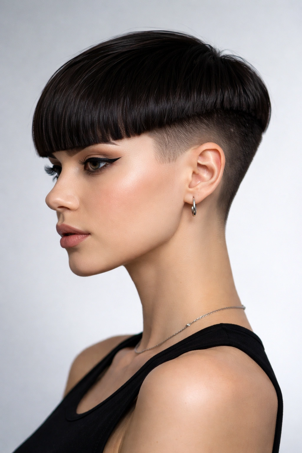 Geometric short cut with undercut sides and blunt fringe