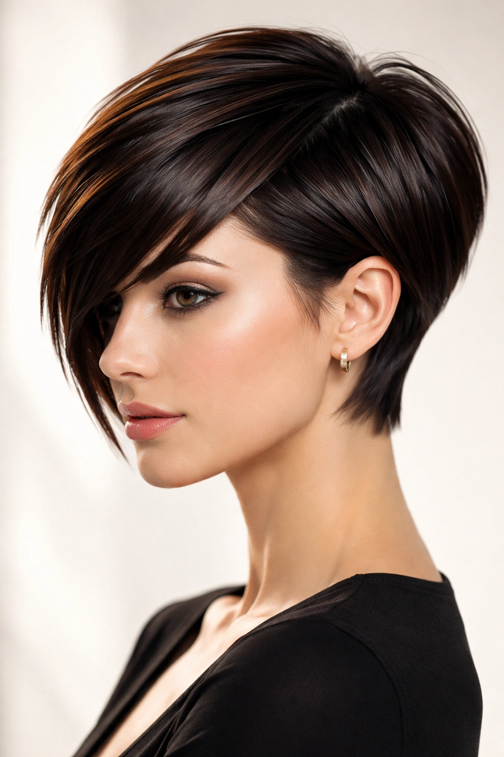 Portrait of a short haircut with sleek geometric layers and defined angles