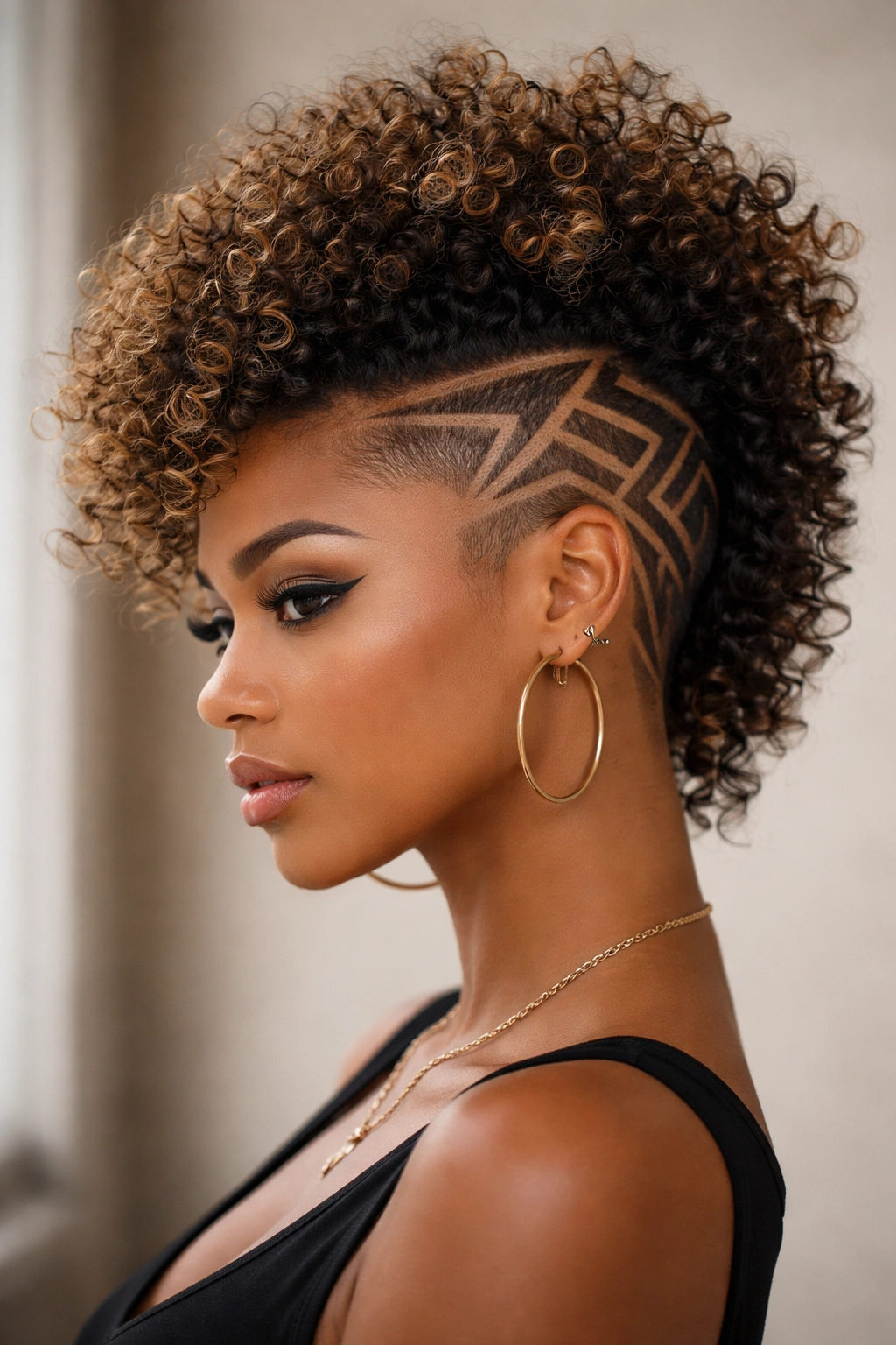 Close-up portrait of a woman with a geometric curly Mohawk featuring shaved patterns framing a crown of curls