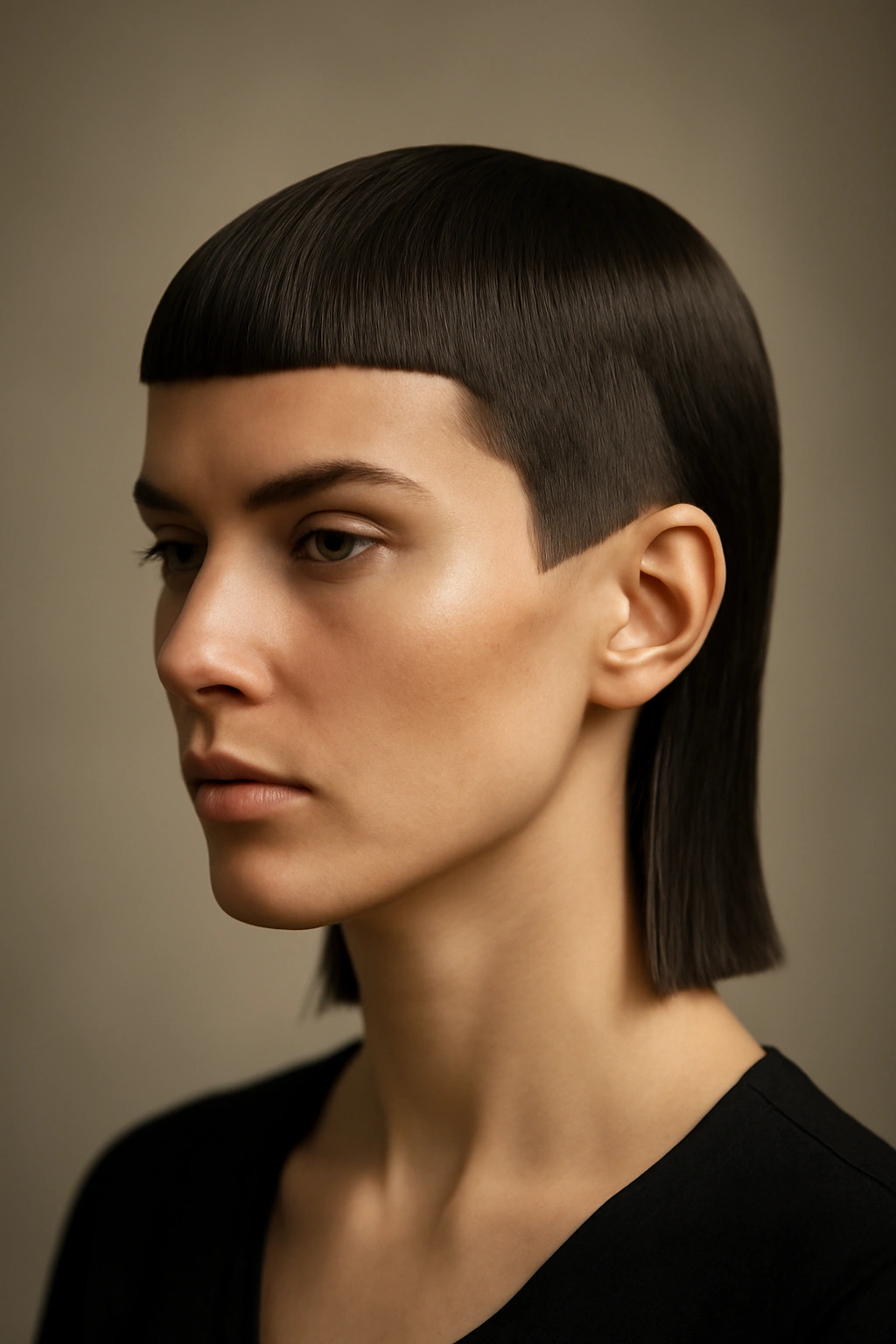 Geometric mullet with sharp lines and squared back in a studio portrait