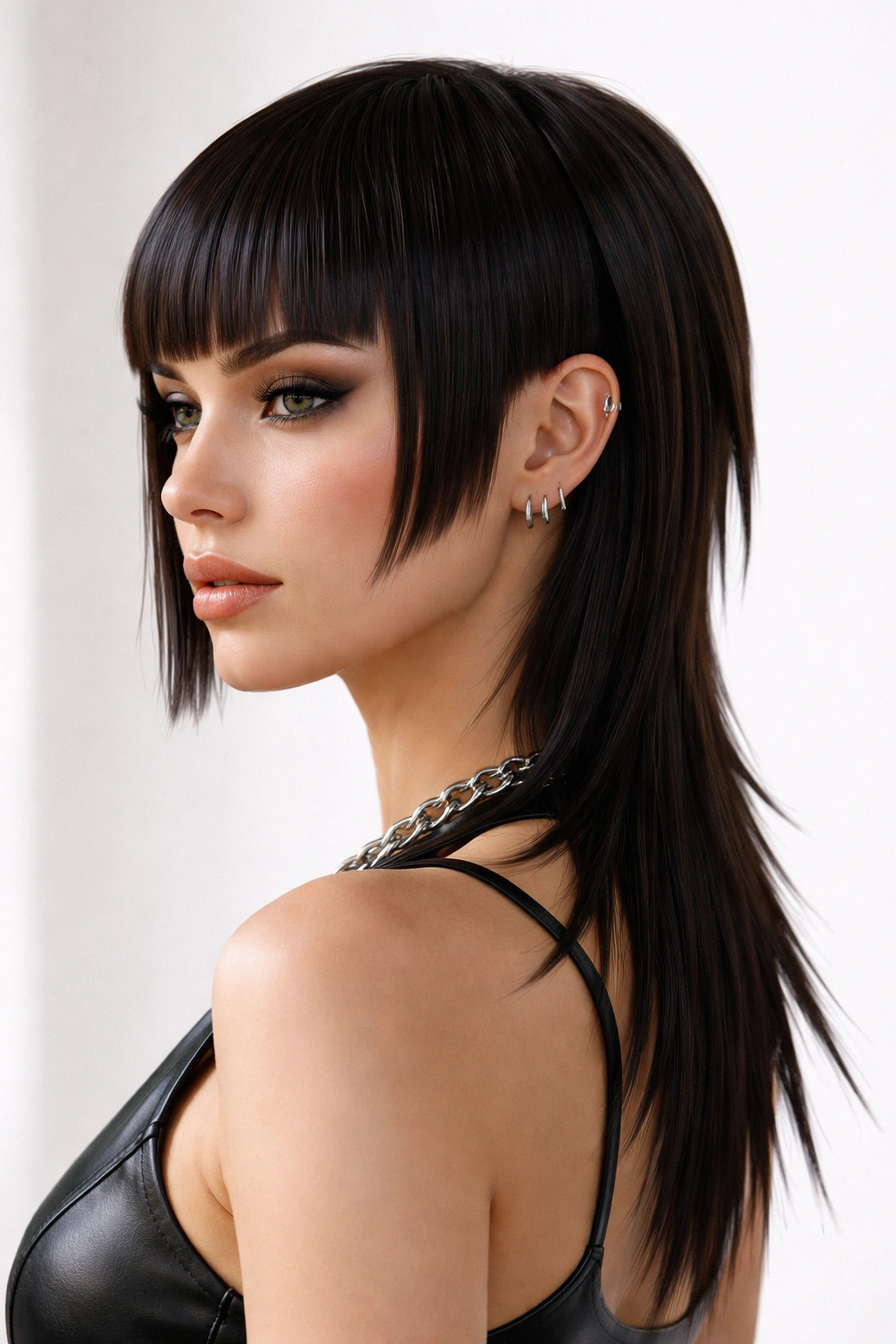 Portrait of a woman with a razor-sharp geometric mullet showing precise line work and sectioning