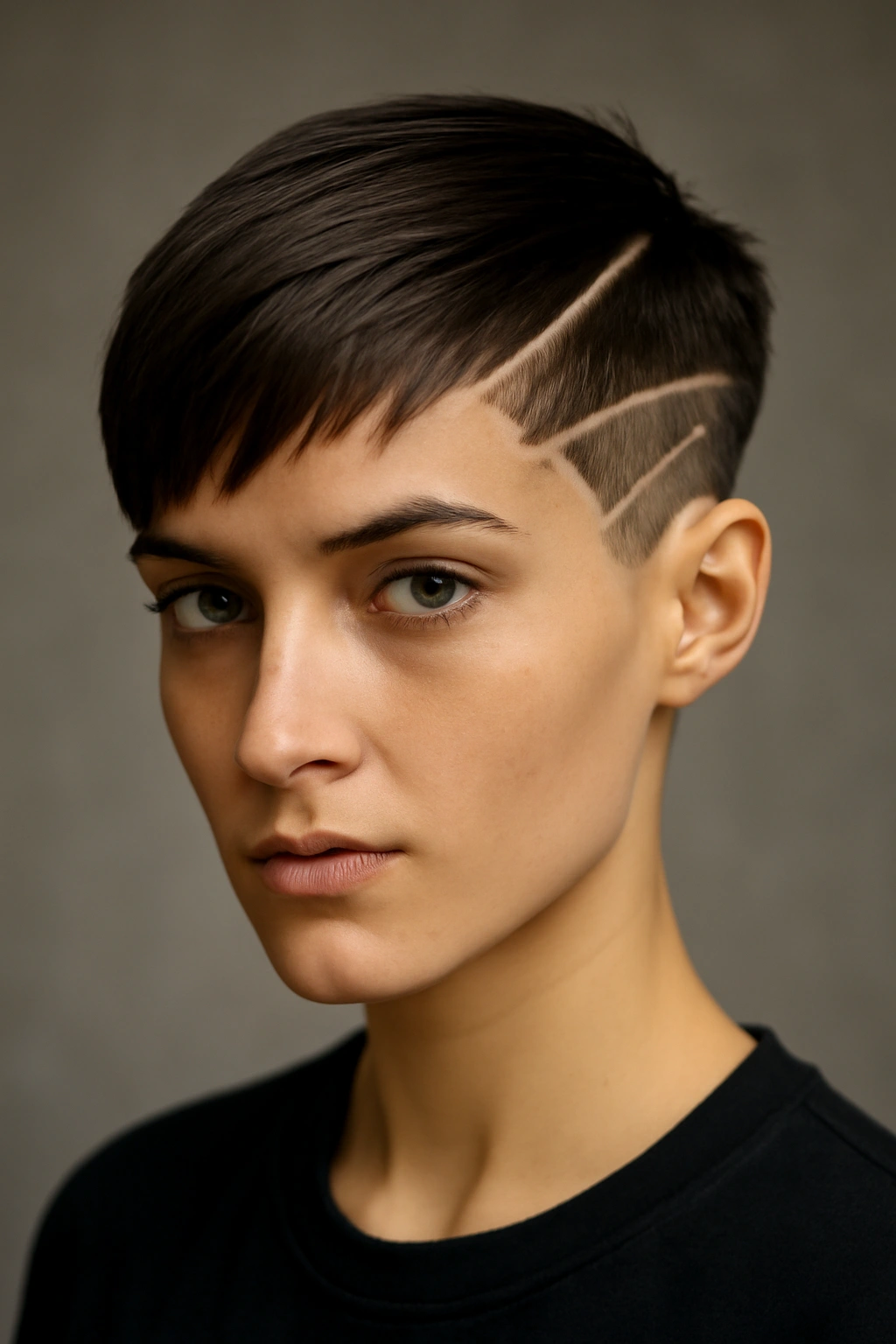 Portrait of a person with a geometric pixie featuring sharp angles and lines
