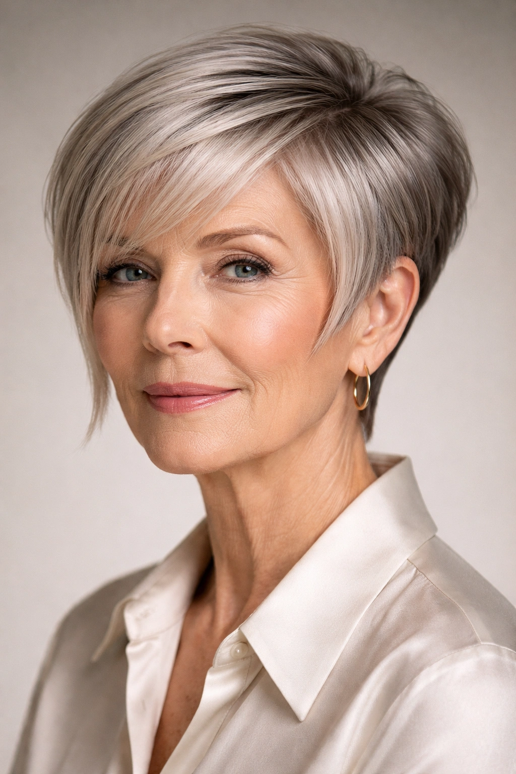 Portrait of a woman with a geometric pixie-bob hybrid cut.