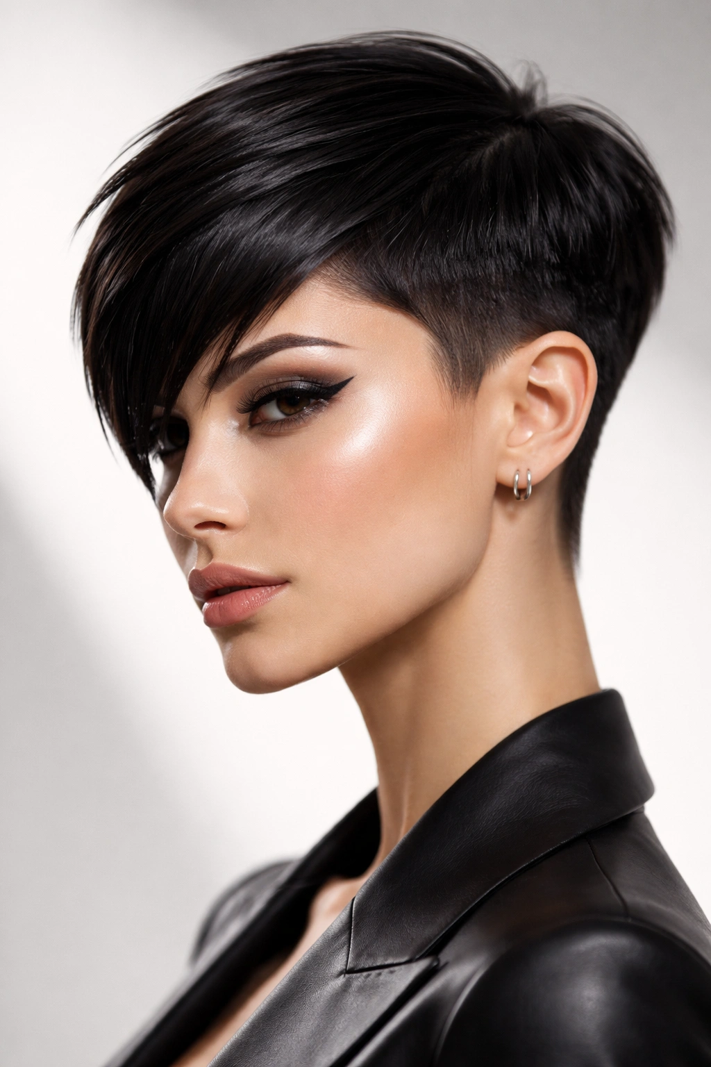 Close-up portrait of a person with a sleek geometric pixie featuring sharp angles and crisp lines, studio lighting