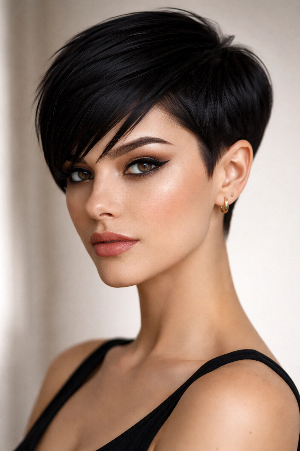 Model with sleek geometric pixie featuring sharp lines and minimal texture.
