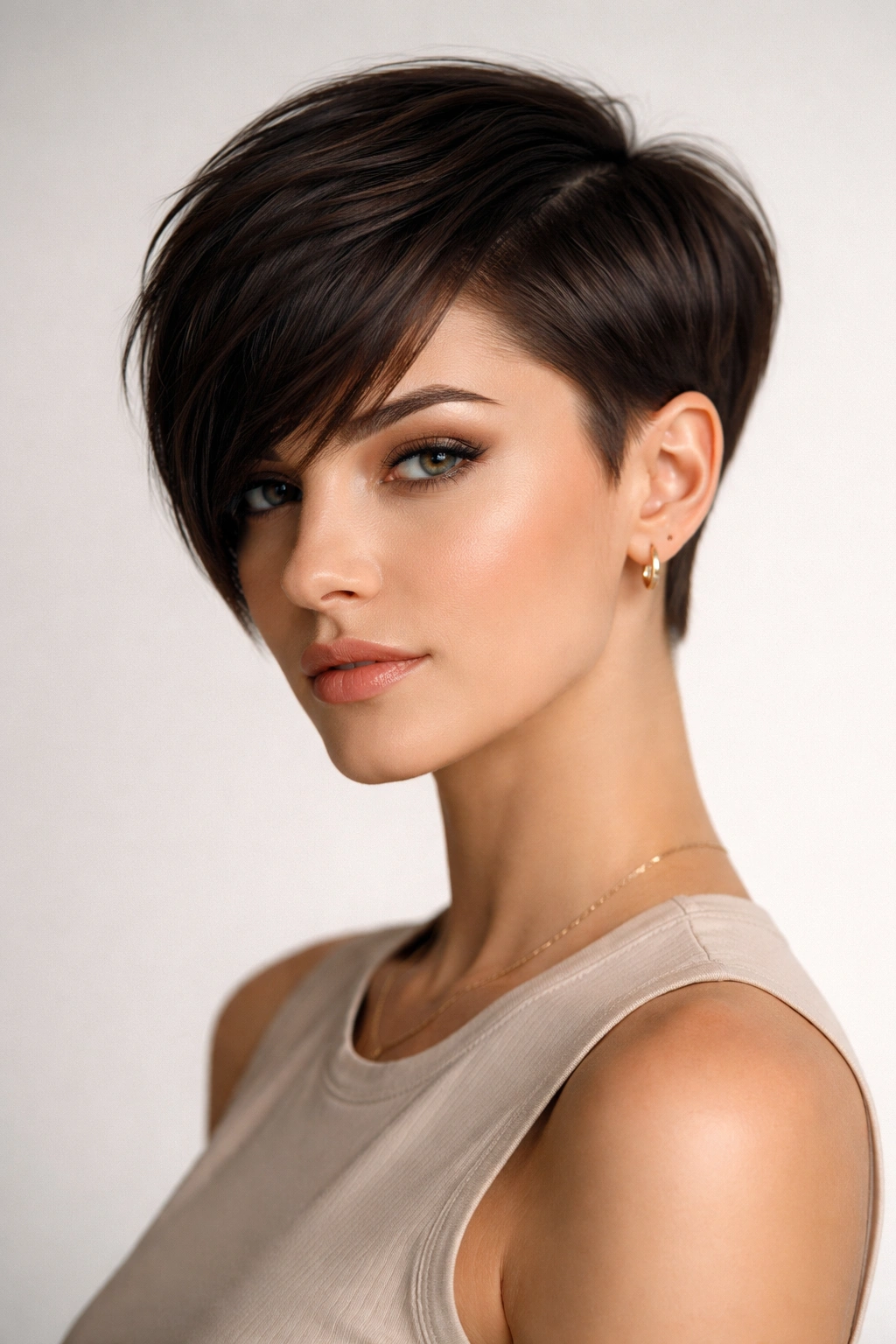 Close-up portrait of a person with a geometric pixie cut featuring sharp angles