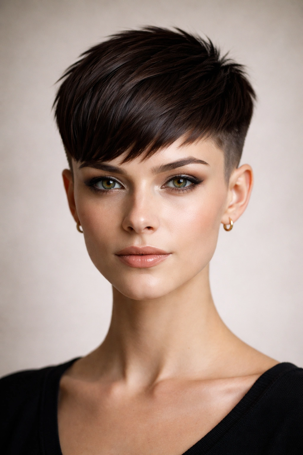 Close-up of a geometric pixie haircut with sharp angles and clean lines.