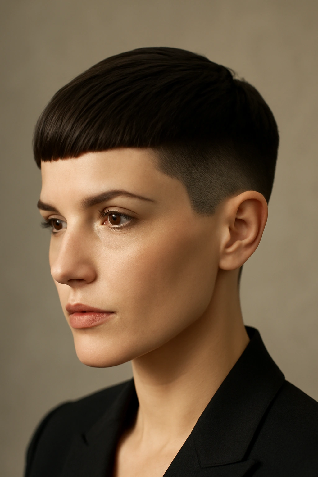 Close-up of geometric pixie cut with crisp lines and edges
