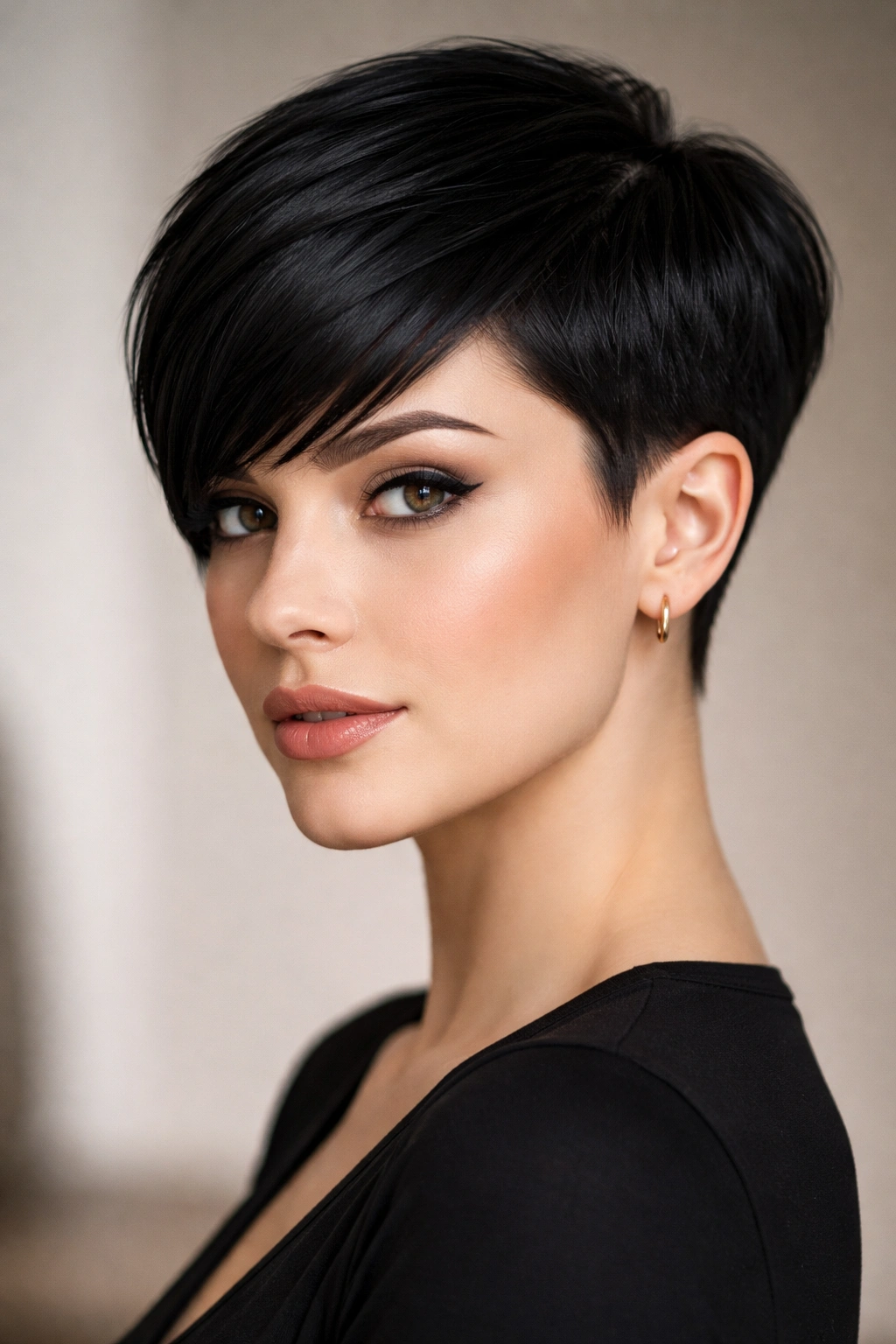 Close-up portrait of a person with a sleek geometric pixie and clean lines