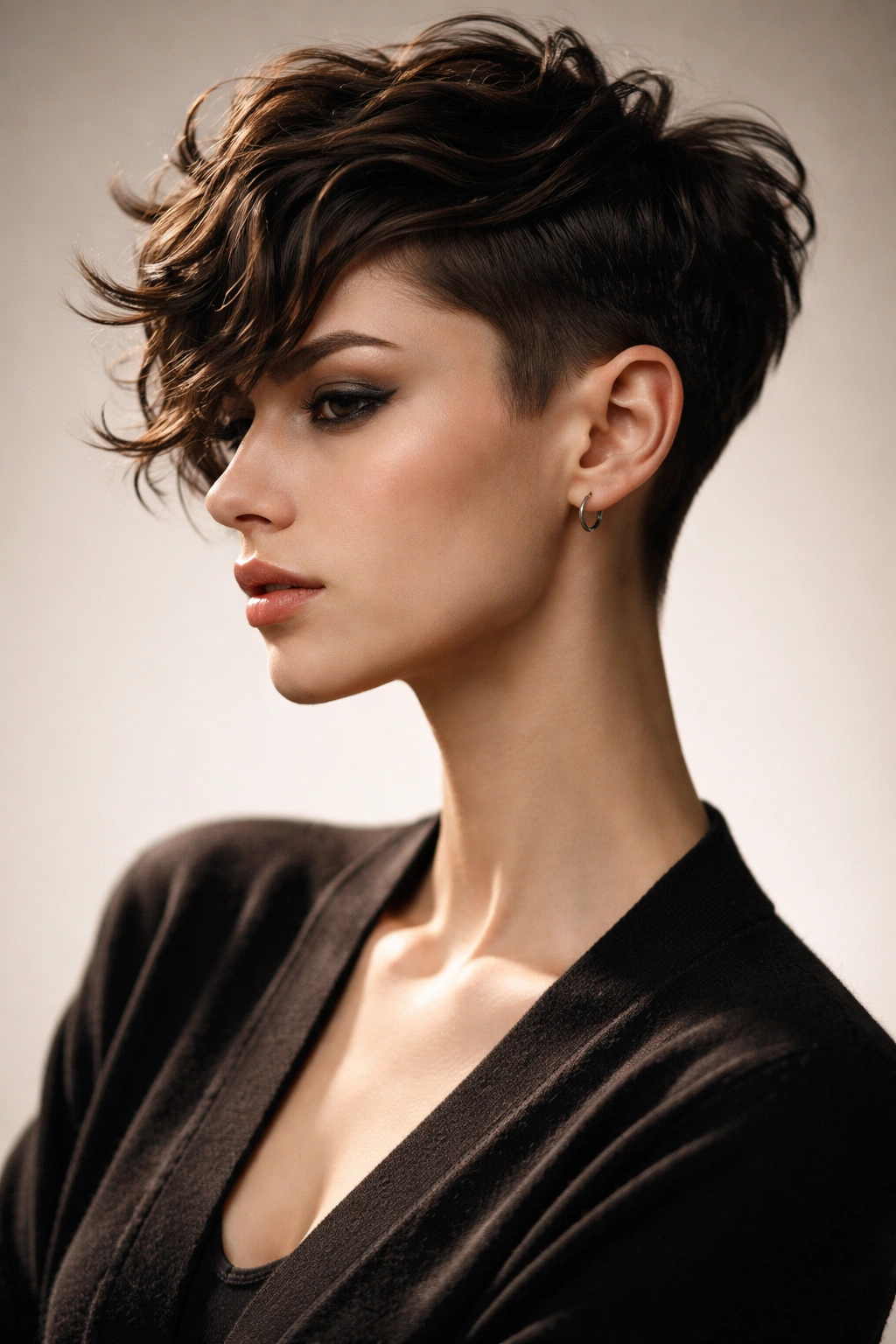 Geometric, angular pixie cut on waves with bold lines