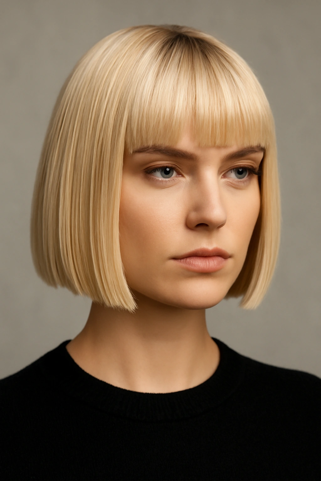 Blonde geometric blunt bob with straight bangs and crisp edges