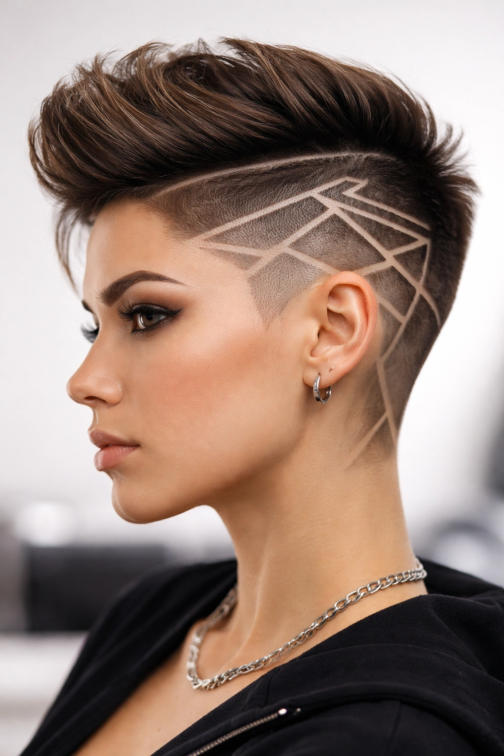 Head-and-shoulders view showing geometric shaved designs on the sides