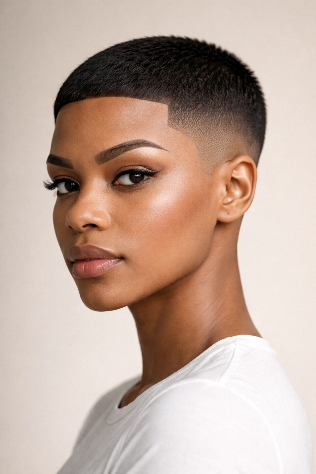 Front view of a person with geometric sharp taper and blunt crown