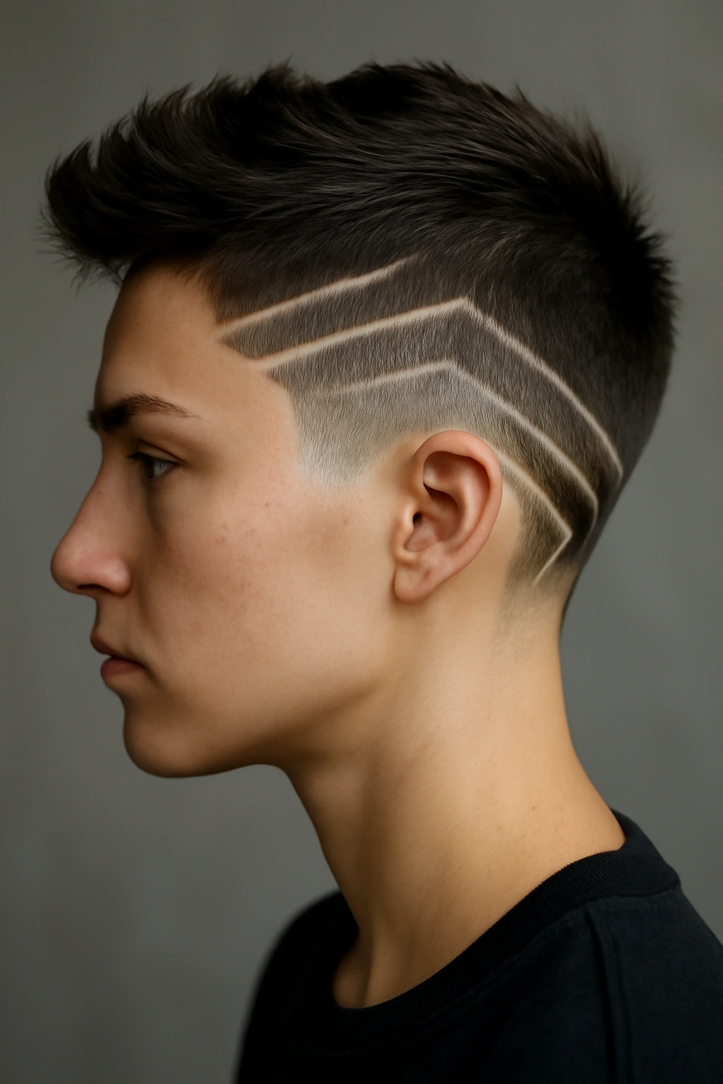 Close-up of geometric fade undercut with sharp lines and chevron patterns on the sides